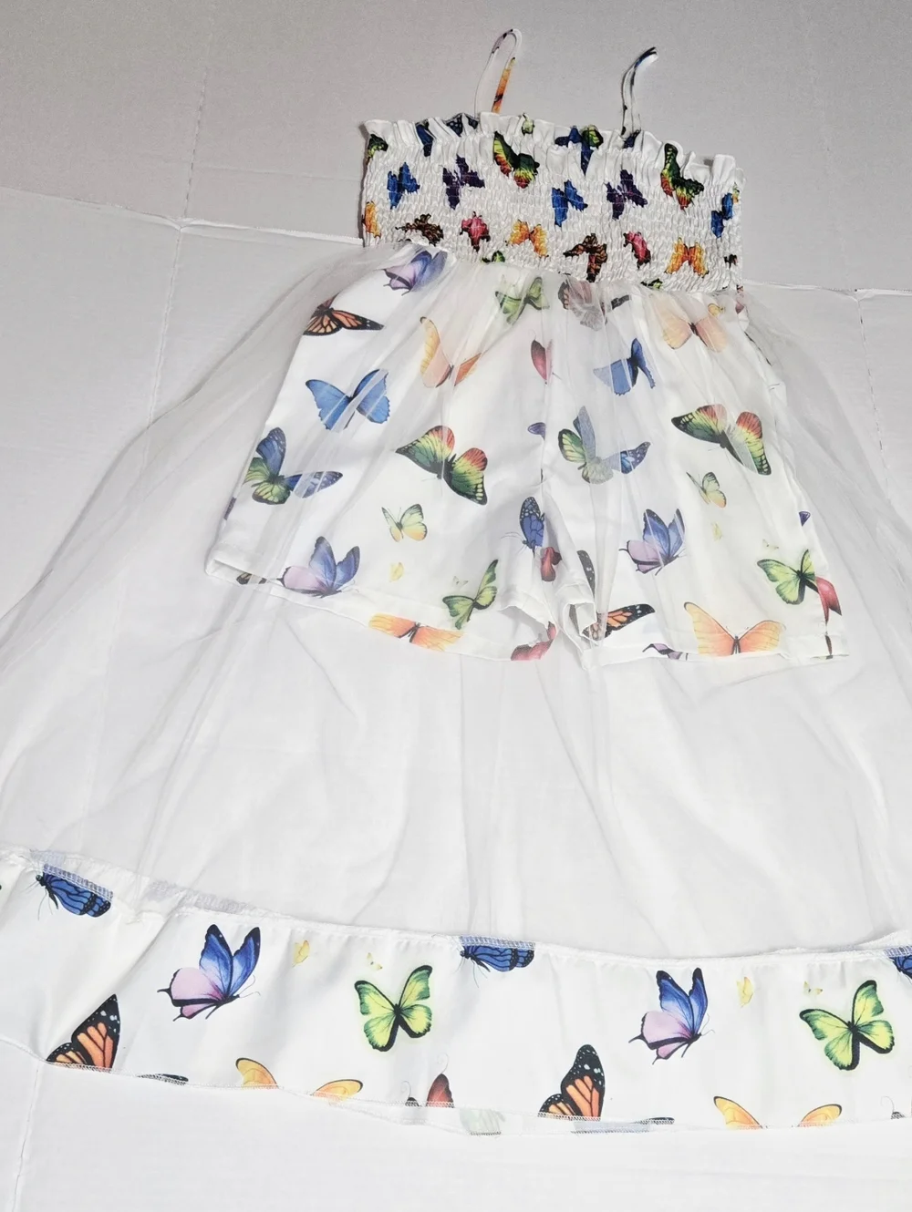Girls Butterfly Mesh Overlay Romper Dress Size 11Y White Multicolor Summer Party
